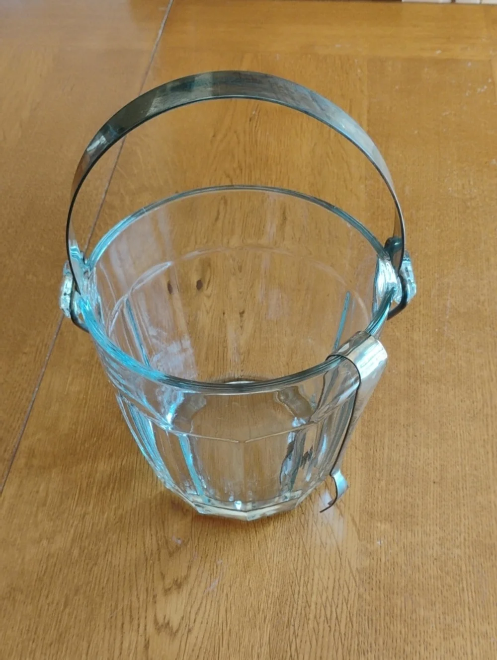 Clear Glass Ice Bucket with Silver Plate Removable Handle & Ice Tong Vtg Barware